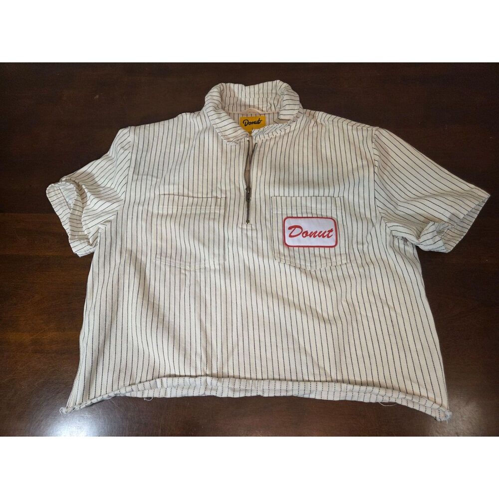 Donut Striped Workwear Zip Shirt L Retro Mechanic Style Short Sleeve Mid Drift